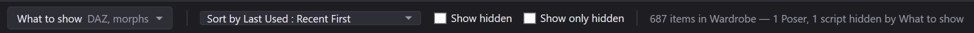 The filter bar reading: 687 items in Wardrobe — 1 Poser, 1 script hidden by What to show.