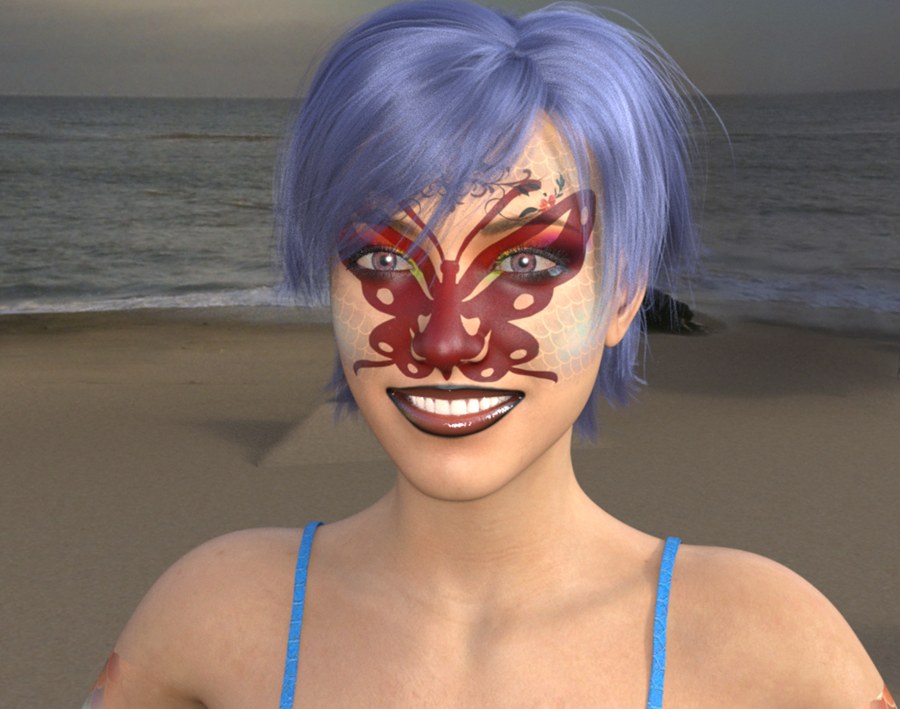 A rendered Genesis figure on a beach, wearing several stacked looks at once: a lace overlay across the face, a large butterfly over the eyes and nose, a floral ornament on the brow, eye makeup and a lip colour.
