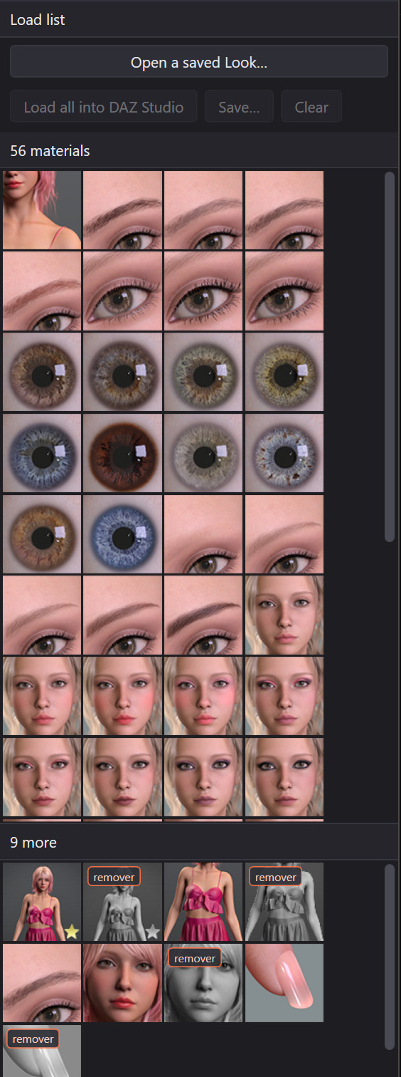 The right-hand panel: the load list, then the fifty-six material presets belonging to the selected figure — eyes, brows, lips, faces — each with its own icon, and beneath them the nine other items that shipped in her product.