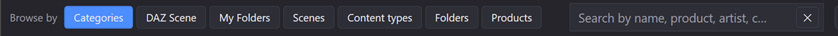 The Browse by switch: Categories, DAZ Scene, My Folders, Scenes, Content types, Folders, Products — beside the search box.