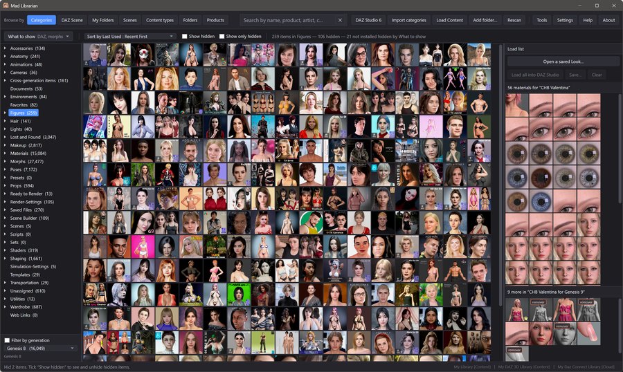 The Mad Librarian window: a category tree with item counts, a grid of several hundred character thumbnails, and the material presets of the selected figure.