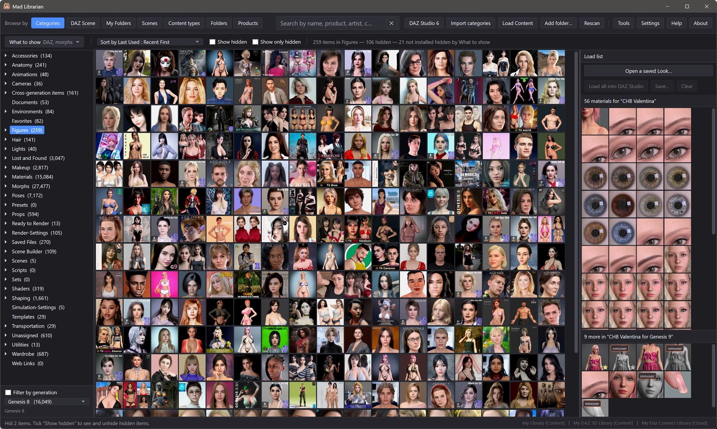 The Mad Librarian window: a category tree with item counts on the left, a grid of several hundred character thumbnails in the middle, and the material presets of the selected figure on the right.